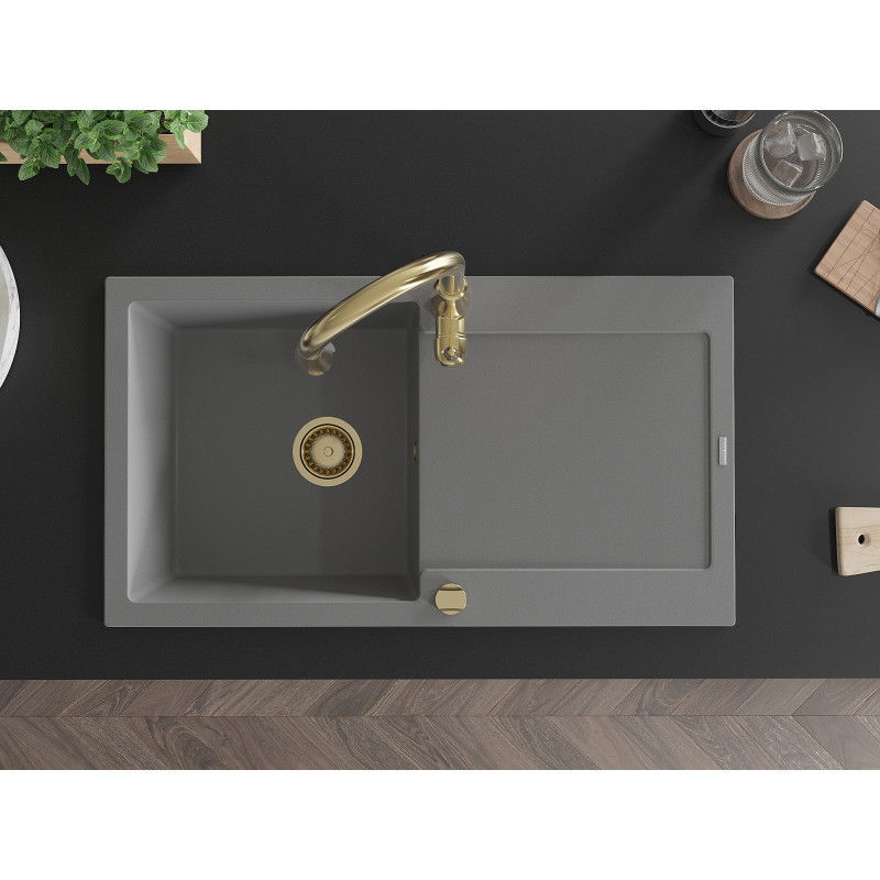 Mexen Leo 1-medencés gránit mosogató csepegtetővel és Savita konyhai csappal, szürke - 6501-71-672601-50