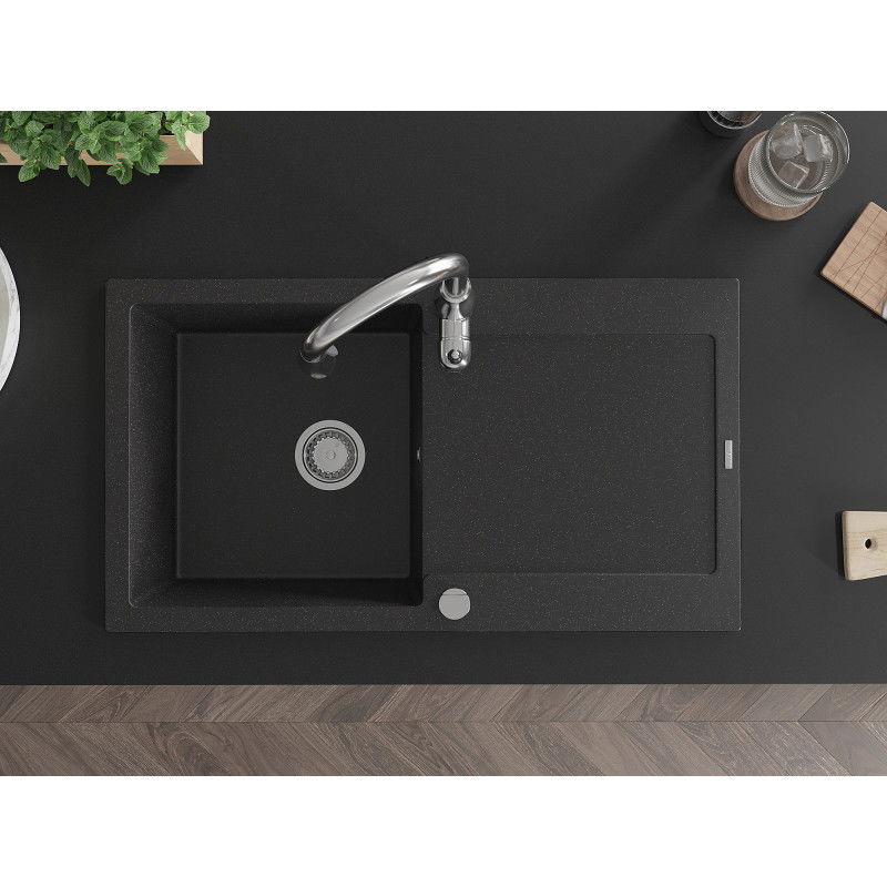 Mexen Leo chiuvetă de bucătărie din granit cu 1 compartiment, cu scurgător și baterie Savita, negru/metalizat argintiu