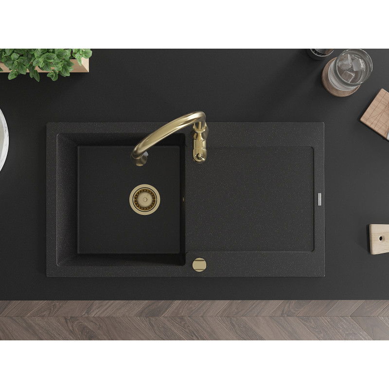 Mexen Leo chiuvetă de granit cu 1 compartiment, cu scurgător și baterie de bucătărie Savita, negru/argintiu metalizat