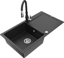 Mexen Leo chiuvetă granit 1 cuvă cu picurător și baterie de bucătărie Savita, negru/argintiu metalizat - 6501-73-672601-70