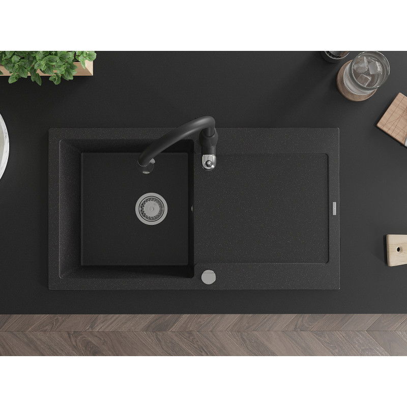 Mexen Leo chiuvetă granit 1 cuvă cu picurător și baterie de bucătărie Savita, negru/argintiu metalizat - 6501-73-672601-70