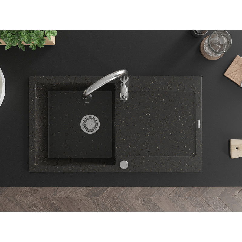 Mexen Leo 1-medencés gránit mosogató lefolyóval és Savita konyhai csappal, fekete/arany metál - 6501-75-672601-00