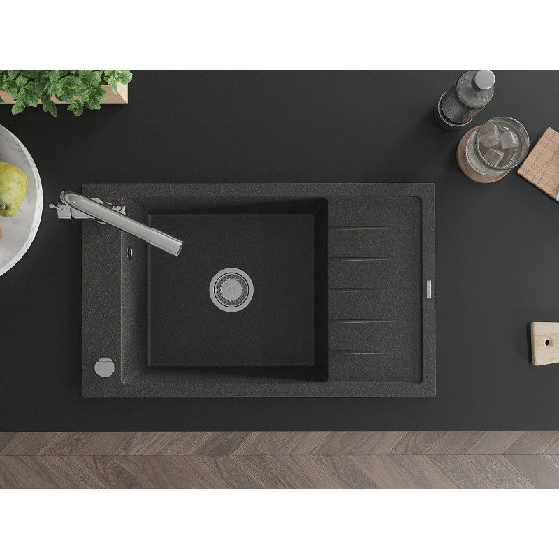 Mexen Elias chiuvetă de granit cu 1 compartiment, cu scurgător și baterie de bucătărie Duero, negru punctat - 6511-76-671600-00