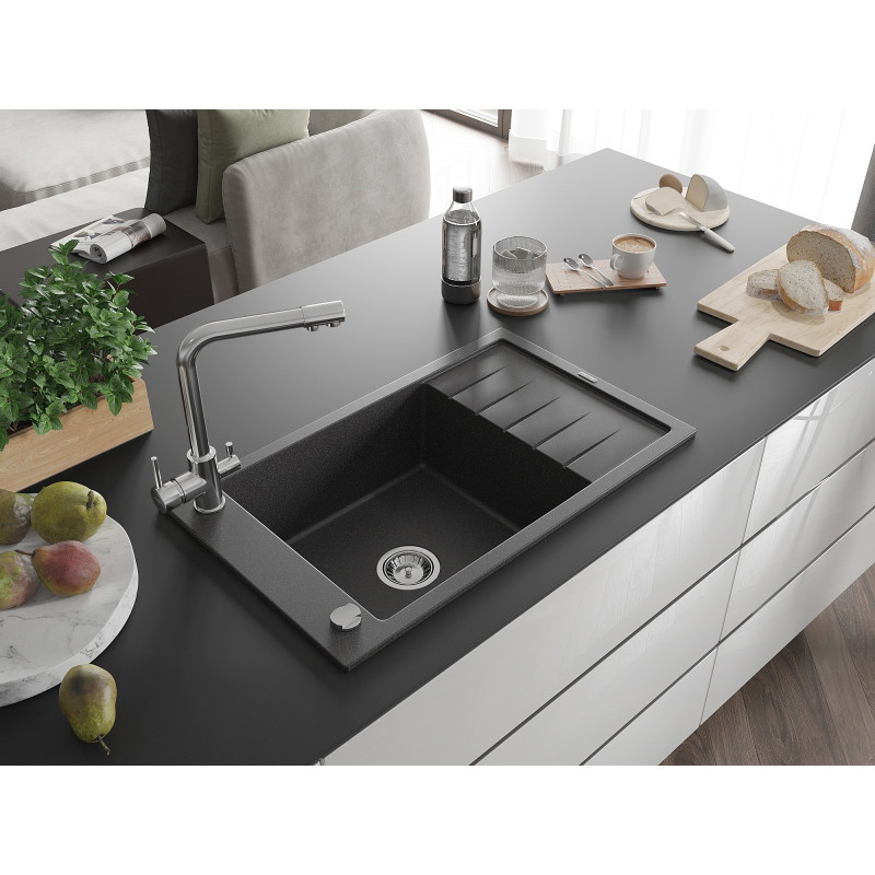 Mexen Elias gránit mosogató egykamrás csepegtetővel és Duero konyhai csappal, fekete pöttyös - 6511-76-671600-00