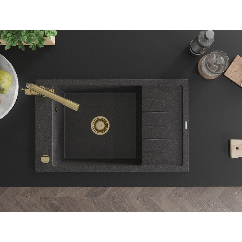 Mexen Elias gránit mosogató 1-medencés csepegtetővel és Duero konyhai csapteleppel, fekete pöttyös - 6511-76-671600-50