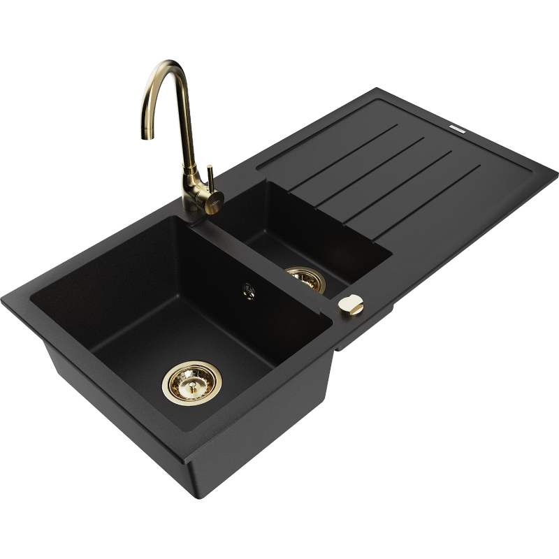 Mexen Andres 1,5-medencés gránit mosogató csepptálcával és Telma konyhai csapteleppel, fekete - 6515-77-670200-50