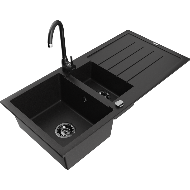 Mexen Andres chiuvetă de granit cu 1,5 camere, cu scurgător și baterie de bucătărie Telma, negru - 6515-77-670200-70-B