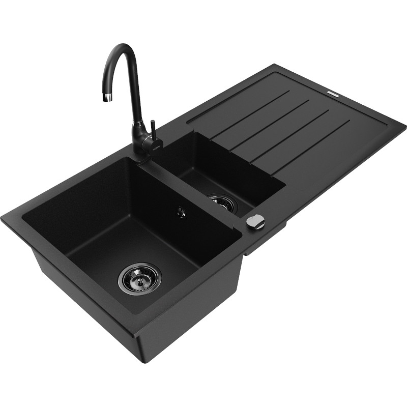 Mexen Andres chiuvetă de granit cu 1,5 compartiment cu scurgător și baterie de bucătărie Telma, negru - 6515-77-670200-70-B