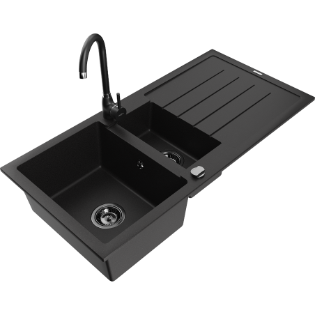 Mexen Andres chiuvetă de granit cu 1,5 camere, cu scurgător și baterie de bucătărie Telma, negru - 6515-77-670200-70-B