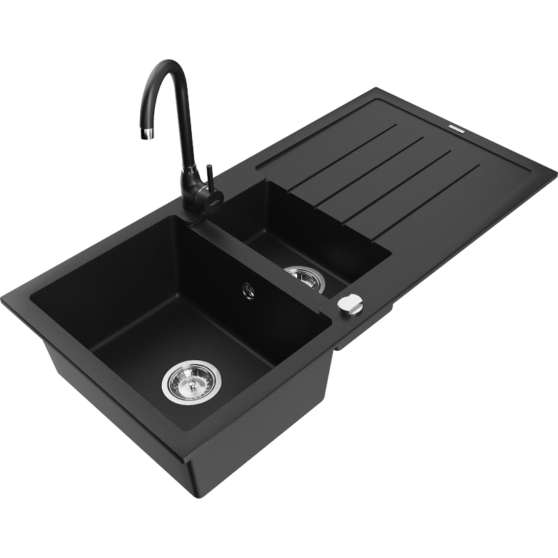 Mexen Andres chiuvetă de granit cu 1,5 camere cu scurgător și baterie de bucătărie Telma, negru - 6515-77-670200-70