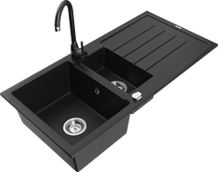 Mexen Andres gránit mosogató 1,5 medencés csepegtetővel és Telma konyhai csapteleppel, fekete - 6515-77-670200-70