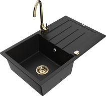 Mexen Bruno egymedencés gránit mosogató csepegtetővel és Telma konyhai csapteleppel, fekete - 6513-77-670200-50