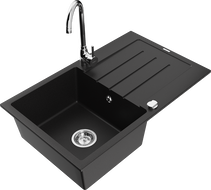 Mexen Bruno chiuvetă de bucătărie din granit cu 1 compartiment cu picurător și baterie Telma, negru - 6513-77-670200-00