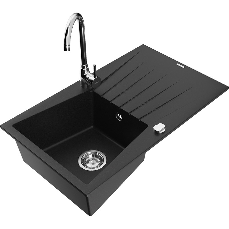 Mexen Cesar chiuvetă de granit cu 1 compartiment cu scurgător și baterie de bucătărie Telma, negru - 6514-77-670200-00