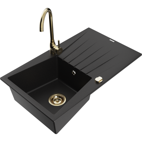 Mexen Cesar chiuvetă granitică 1-cameră cu scurgător și baterie de bucătărie Telma, neagră - 6514-77-670200-50