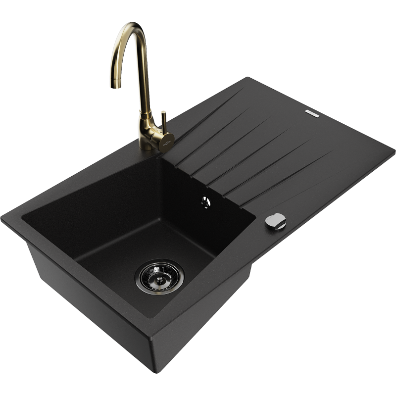 Mexen Cesar chiuvetă granit 1-cameră cu scurgător și baterie de bucătărie Telma, negru - 6514-77-670200-50-B