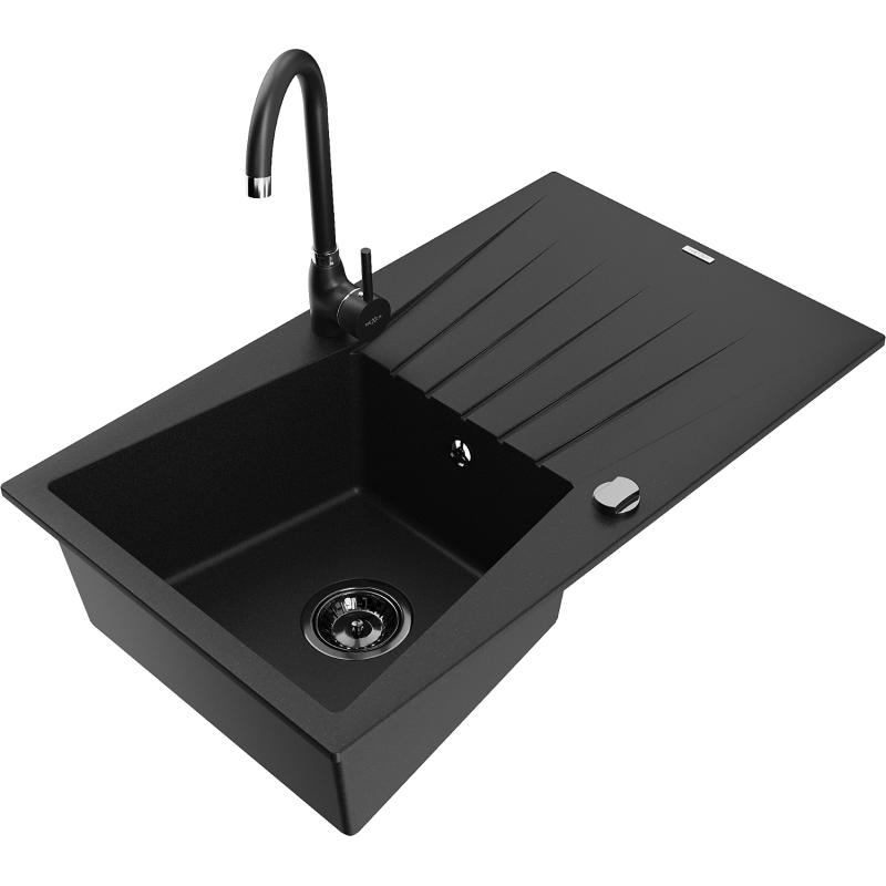 Mexen Cesar chiuvetă granit 1-cameră cu scurgător și baterie de bucătărie Telma, negru - 6514-77-670200-70-B