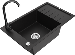 Mexen Elias chiuvetă de granit cu 1 compartiment, cu scurgător și baterie de bucătărie Telma, negru - 6511-77-670200-70