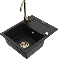 Mexen Enzo 1-medencés gránit mosogató csepegtetővel és Telma konyhai csapteleppel, fekete - 6506-77-670200-50