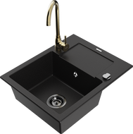 Mexen Enzo gránit egymedencés mosogató csepegtetővel és konyhai csappal Telma, fekete - 6506-77-670200-50-B