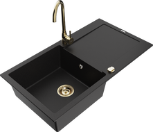 Mexen Leo chiuvetă de granit cu o singură cuvă cu scurgător și baterie de bucătărie Telma, negru - 6501-77-670200-50