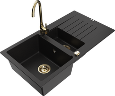 Mexen Matias chiuvetă de granit cu 1,5 compartimente, cu scurgător și baterie de bucătărie Telma, negru - 6502-77-670200-50