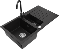 Mexen Matias chiuvetă de bucătărie din granit 1,5 compartimente cu scurgător și robinet Telma, negru - 6502-77-670200-70