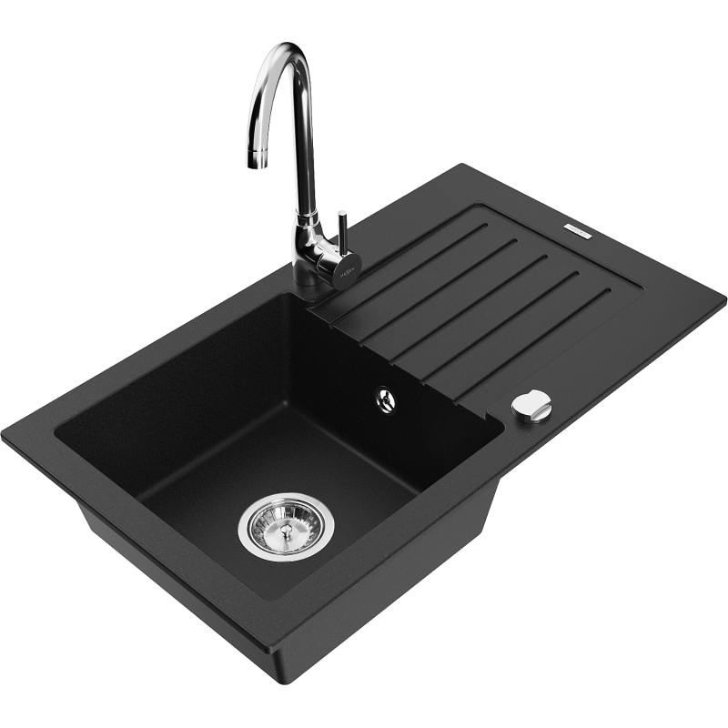 Mexen Pablo chiuvetă de granit cu 1 cuvă cu scurgător și baterie de bucătărie Telma, neagră - 6510-77-670200-00