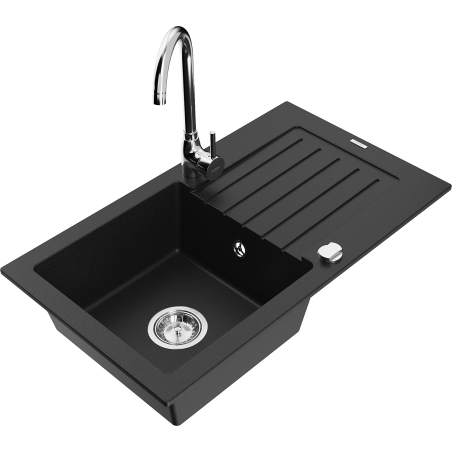 Mexen Pablo chiuvetă de granit cu 1 cuvă cu scurgător și baterie de bucătărie Telma, neagră - 6510-77-670200-00