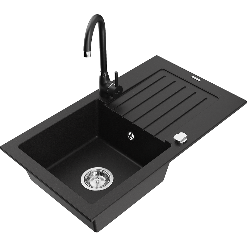 Mexen Pablo gránit mosogató 1 rekeszes csepptálcával és Telma konyhai csapteleppel, fekete - 6510-77-670200-70