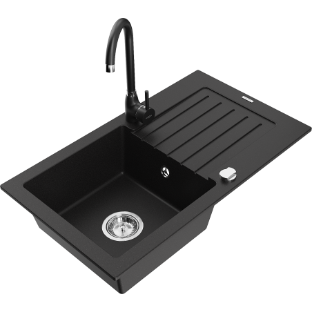 Mexen Pablo gránit mosogató 1 rekeszes csepptálcával és Telma konyhai csapteleppel, fekete - 6510-77-670200-70