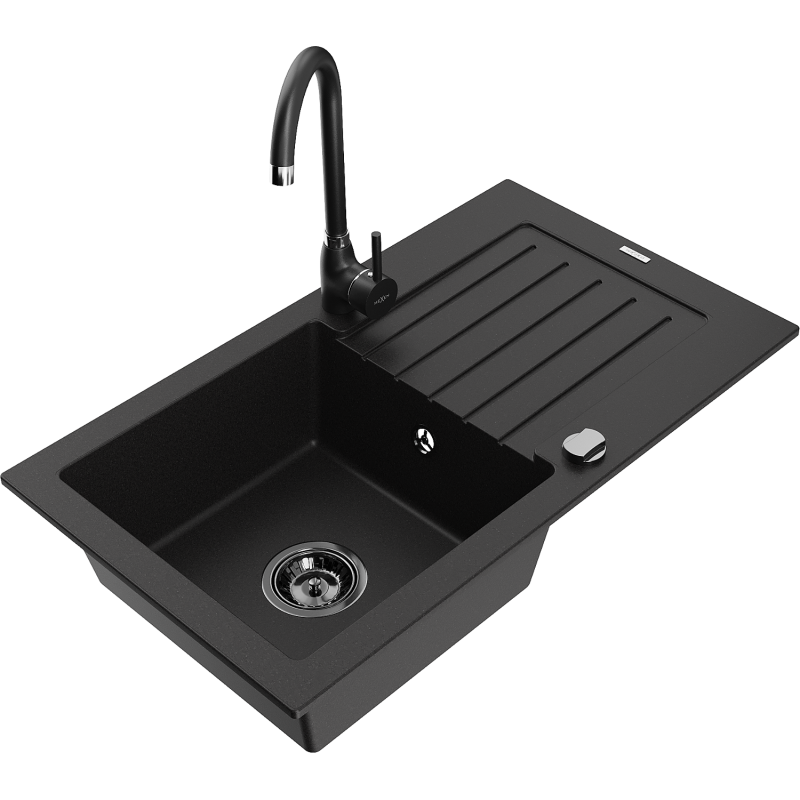Chiuvetă granit Mexen Pablo cu 1 compartiment cu scurgător și baterie Telma, negru - 6510-77-670200-70-B