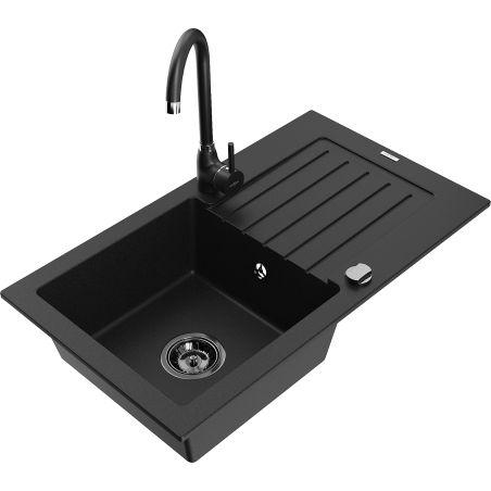 Mexen Pablo 1 rekeszes gránit mosogató csepegtetővel és Telma konyhai csappal, fekete - 6510-77-670200-70-B