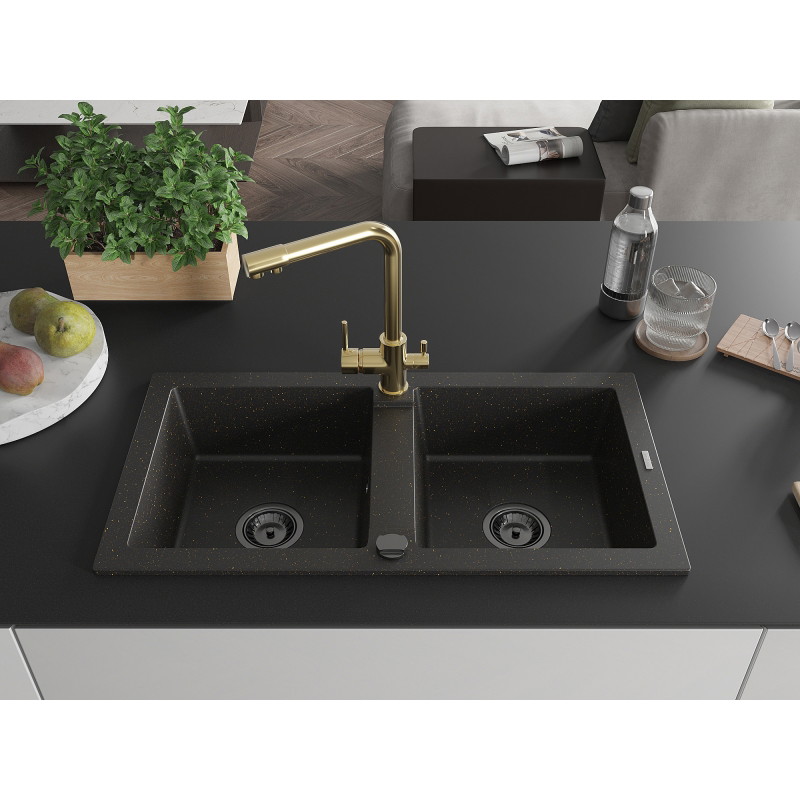 Mexen Mario chiuvetă granit 2 camere cu baterie de bucătărie Duero, negru/auriu metalizat - 6504-75-671600-50-B