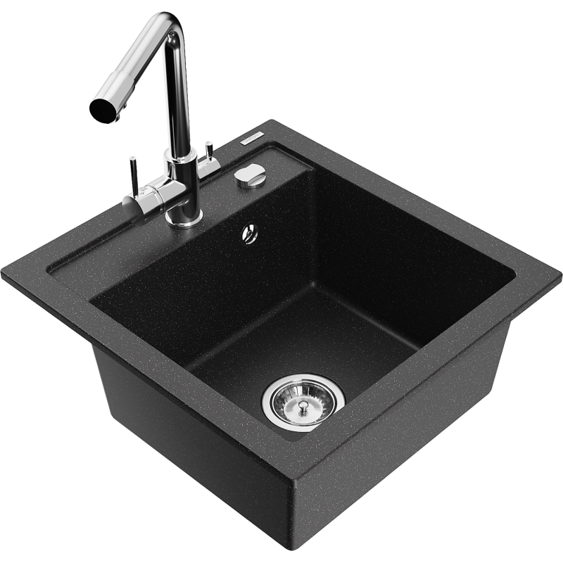 Mexen Vito chiuvetă de granit cu 1 compartiment și baterie de bucătărie Duero, negru/argintiu metalizat - 6503-73-671600-00