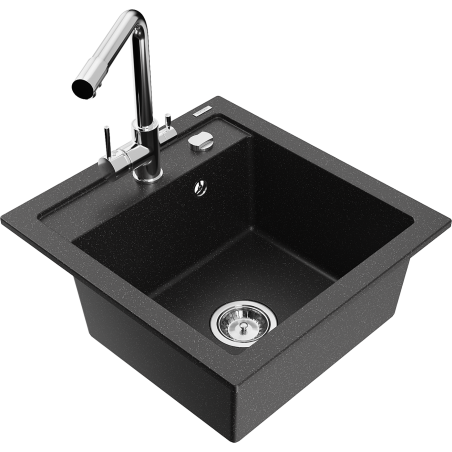 Mexen Vito chiuvetă de granit cu 1 compartiment și baterie de bucătărie Duero, negru/argintiu metalizat - 6503-73-671600-00