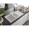 Mexen Matias chiuvetă din granit cu 1,5 compartimente cu scurgător și baterie de bucătărie Duero, alb - 6502-20-671600-20
