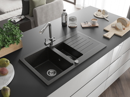 Mexen Matias chiuvetă granit 1,5 camere cu scurgător și baterie bucătărie Duero, negru/auriu metalic - 6502-75-671600-00