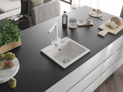 Mexen Milo chiuvetă din granit cu 1 compartiment și baterie de bucătărie Duero, albă - 6505-20-671600-20