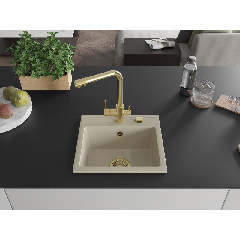 Mexen Milo gránit egykamrás mosogató Duero konyhai csappal, bézs - 6505-69-671600-50