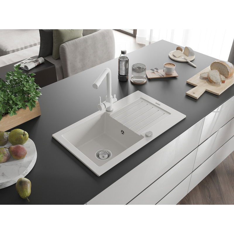 Mexen Pablo 1-medencés gránit mosogató csepegtetővel és Duero konyhai csapteleppel, fehér - 6510-20-671600-20