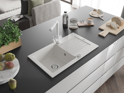 Mexen Pablo 1-medencés gránit mosogató csepegtetővel és Duero konyhai csapteleppel, fehér - 6510-20-671600-20