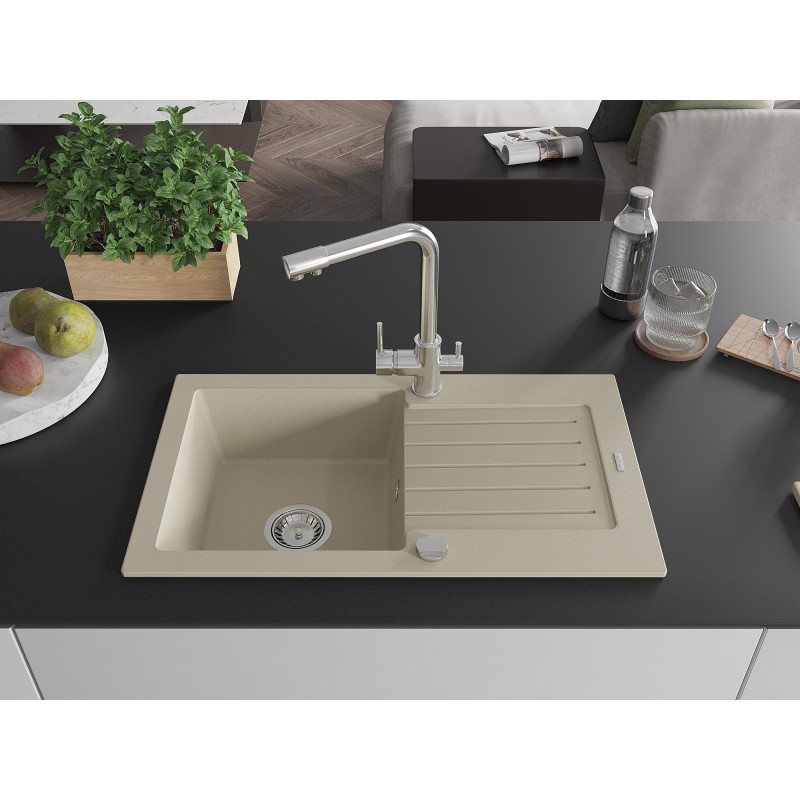Mexen Pablo gránit mosogató 1-medencés csepegtetővel és Duero konyhai csappal, bézs - 6510-69-671600-00