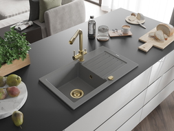 Mexen Pablo gránit egymedencés mosogató csepegtetővel és Duero konyhai csapteleppel, szürke - 6510-71-671600-50