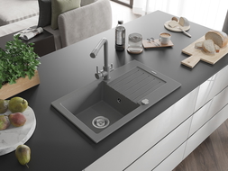 Mexen Pablo egymedencés gránit mosogató csepegtetővel és Duero konyhai csappal, szürke - 6510-71-671600-71