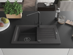 Mexen Pablo chiuvetă din granit cu 1 compartiment cu picurător și baterie de bucătărie Duero, negru pătat