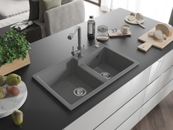 Mexen Tomas chiuvetă granit 2-camere cu baterie de bucătărie Duero, gri - 6516-71-671600-71