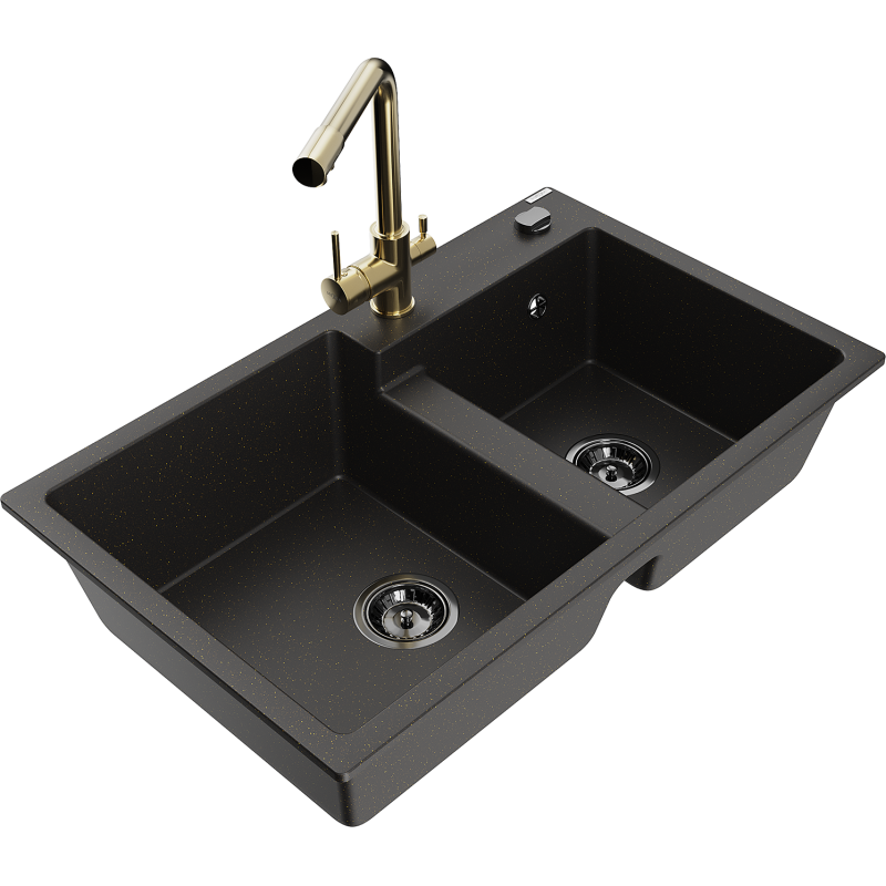 Mexen Tomas gránit mosogató 2 rekeszes, Duero konyhai csappal, fekete/arany metál - 6516-75-671600-50-B