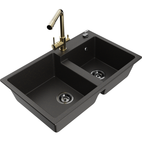 Mexen Tomas chiuvetă din granit cu 2 camere și baterie de bucătărie Duero, negru/auriu metalizat - 6516-75-671600-50-B