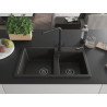 Mexen Tomas chiuvetă de granit cu 2 compartimente și baterie de bucătărie Duero, negru/auriu metalizat - 6516-75-671600-70-B